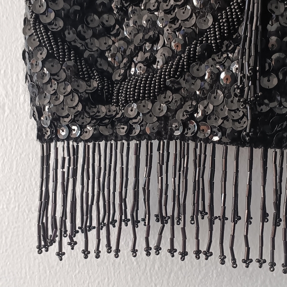Cyn Les Vintage Black Sequin Beaded Fringe Party Evening Top Wool M - Picture 4 of 8